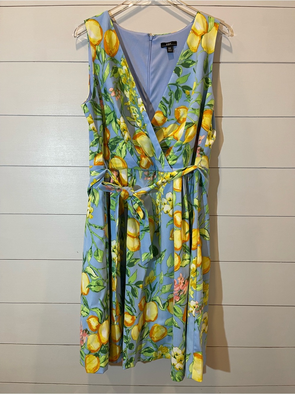 R&K Sky Blue & Lemons Floral Midi Sleeveless Dress Womens Size 16W